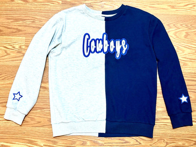 Dallas Cowboys Two Tone Color Block Sweatshirt Sparkle Embroidered Script Cozy L