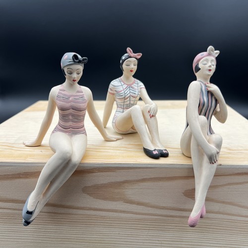 Bathing Beach Beauty Figurines Ceramic Set of 3 Matte Art Deco 1920s Pastels