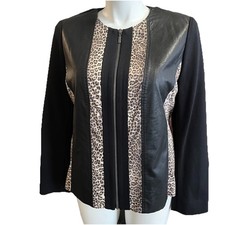 Chico's Black Faux Leather Jacket Animal Print Full Zip Women  s Sz 2 L Edgy