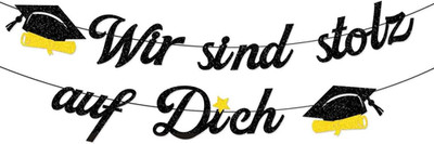 Graduation Girlande Deko Glitzer Schwarz, Wir sind stolz auf Dich, Vorbenannte G