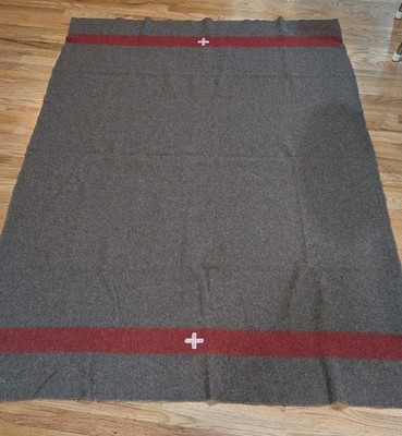 Vintage Swiss Army Military Wool Blanket 1944 TB44 White Cross Red