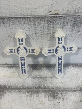 TWO Della Robbia Madonna and Child White Blue 9 inch Decorative Wall Cross