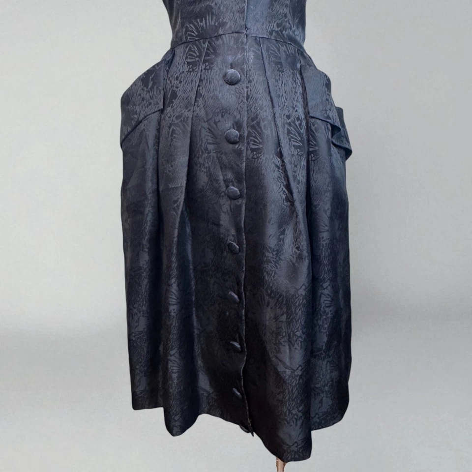 Vintage Dress 1990s Oscar De La Renta Collared Brocade Button Front Black Midi M - Image 3 of 4