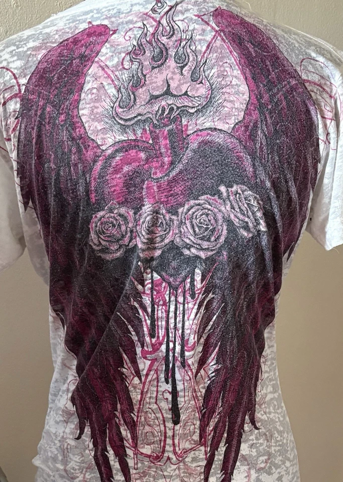 Camisa Affliction Mujer Grande Blanca Burnout Pecaminosa Alas de Ángel Y2K Alternativa  Foto 2 de 2