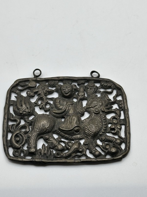 1850 Chinese (Canton / Guangdong) Repoussé Appliqué Plaque with Qilin and Child