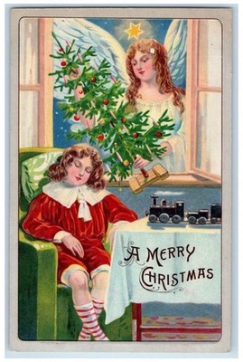 c1910's Christmas Tree Decorated Angel Boy Train Embossed Antique Postcard