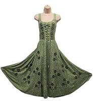 Sleeveless Maxi dress Full Embroidered Lace up Corset GREEN One Size 14 16 18