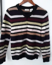 WHITE STAG White Black Plum ANGORA Striped Women Size Small S V- Neck Sweater