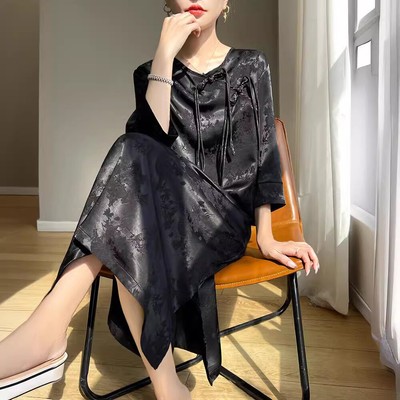 stain silk dress YUNHUI Summer Silk Stain Dress for Women High Waist Batwing Sleeve  Beautiful Dress Long Sleeve Mini Dress Blue at Amazon Women's Clothing store