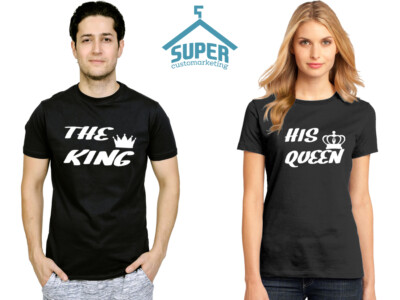 Handmade THE King His Queen Couple TSHIRT WHITE Design Cartoon- Funny Couple Tee