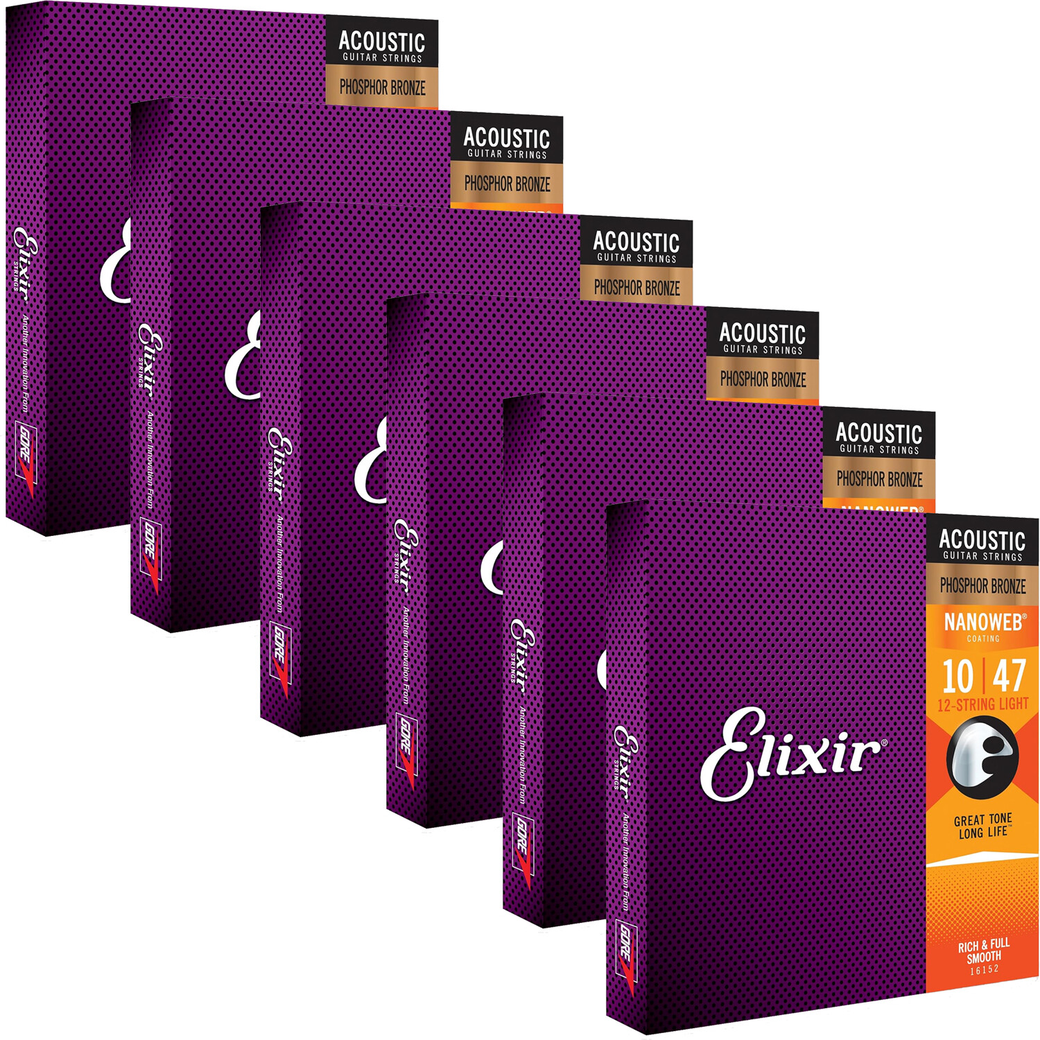 6 Sets Elixir 16152 12-String NANOWEB Phosphor Acoustic Guitar Strings ...