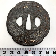 Japanese Antique Bamboo Leaves Okina Inlay Tsuba Katana Samurai SwordGuard Japan