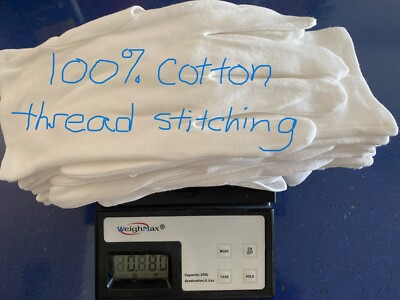 12 Pairs 100% White Cotton Gloves with cotton stitching for Eczema Skin Allergy