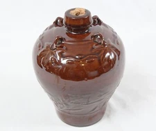 Chinese Vintage 8” Wine Jug Brown Pottery Corked Unique Hand Applied Loop Leaves