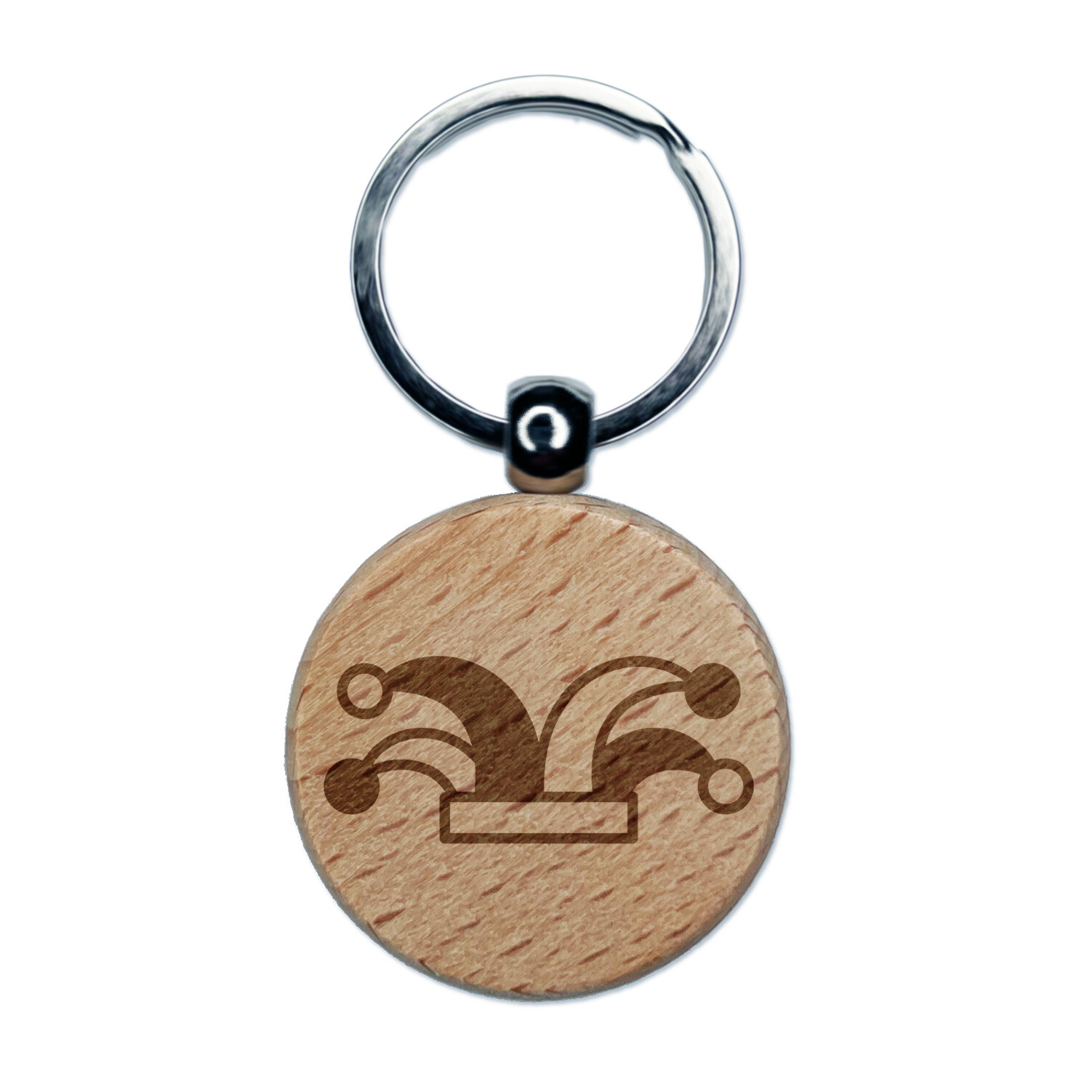 Jester Joker Hat Tarot Card Engraved Wood Round Keychain Tag Charm