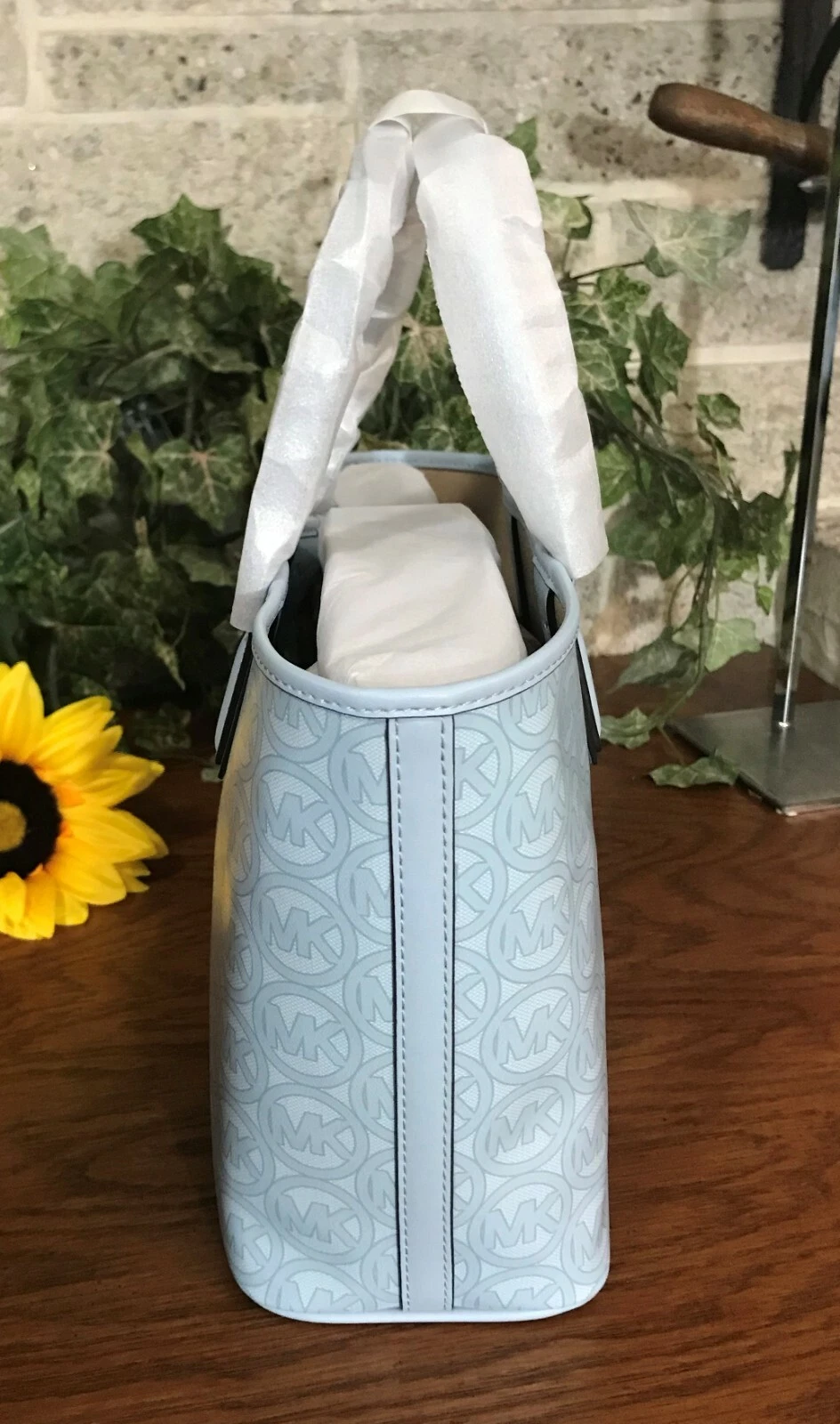 BORSA BORSETTA NUOVA CON ETICHETTE MICHAEL KORS SMALL JODIE LOGO JACQUARD TOTE OCEANO PALLIDO BORSETTA BORSETTA