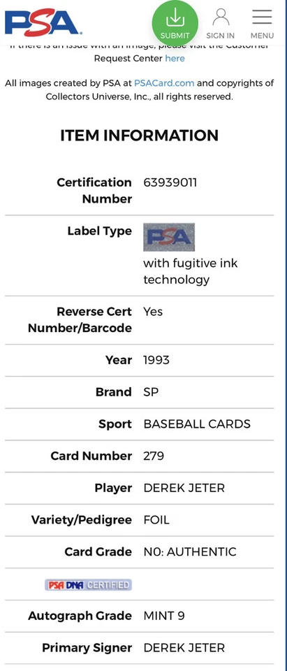 DEREK JETER AUTO 1993 SP LÁMINA DE TARJETA DE NOVATO 279 INSCRITA 96 AL ROY PSA 9 AUT0 RC Foto 3 de 4