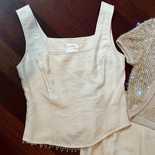 Joseph Ribkoff 3 Pc Set Ivory Gold Pants Sleeveless Top Beads Sequin Jacket Sz 8 - Picture 2 of 13