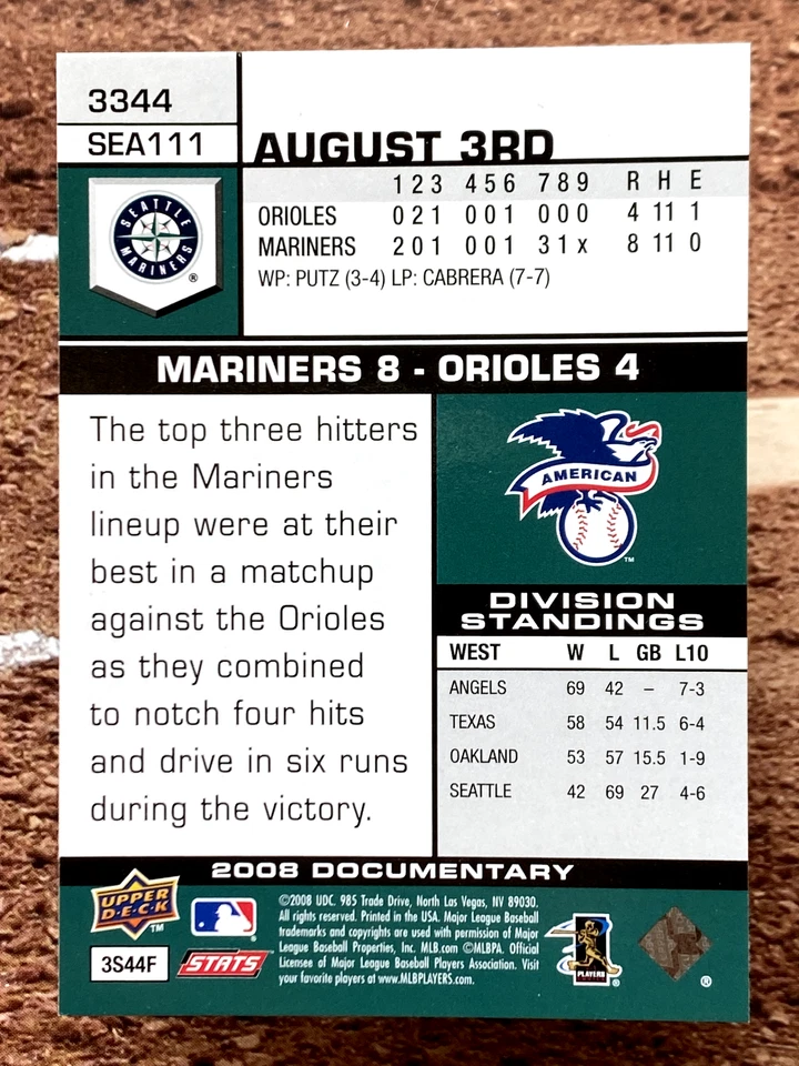 2008 Upper Deck Documentary Erik Bedard #3344 - Image 2 of 2