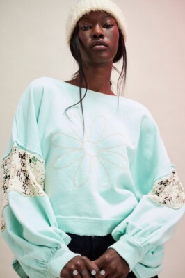 Free People Tricia Fix Chain Stitch Crew Sweatshirt Crochet Kelly