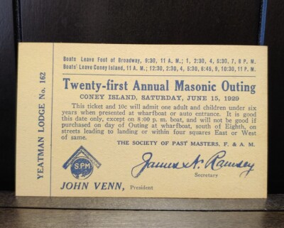 1929 Coney Island 21st Annual Masonic Outing Ticket Free Masons Cincinnati Ohio