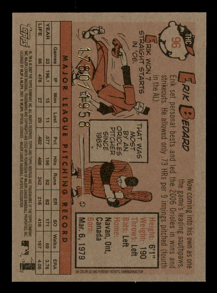 2007 Topps Heritage Chrome (Parallel 1:11) #96 Erik Bedard Orioles 1780/1958 - Image 2 of 2