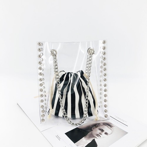Transparent PVC Clear Shoulder tote bag Silver Studs Beige Zebra Insert Canvas - Picture 10 of 25