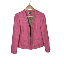 Anne Klein Tweed Pink Blazer Jacket Open Front Long Sleeve Petite Women's 10P