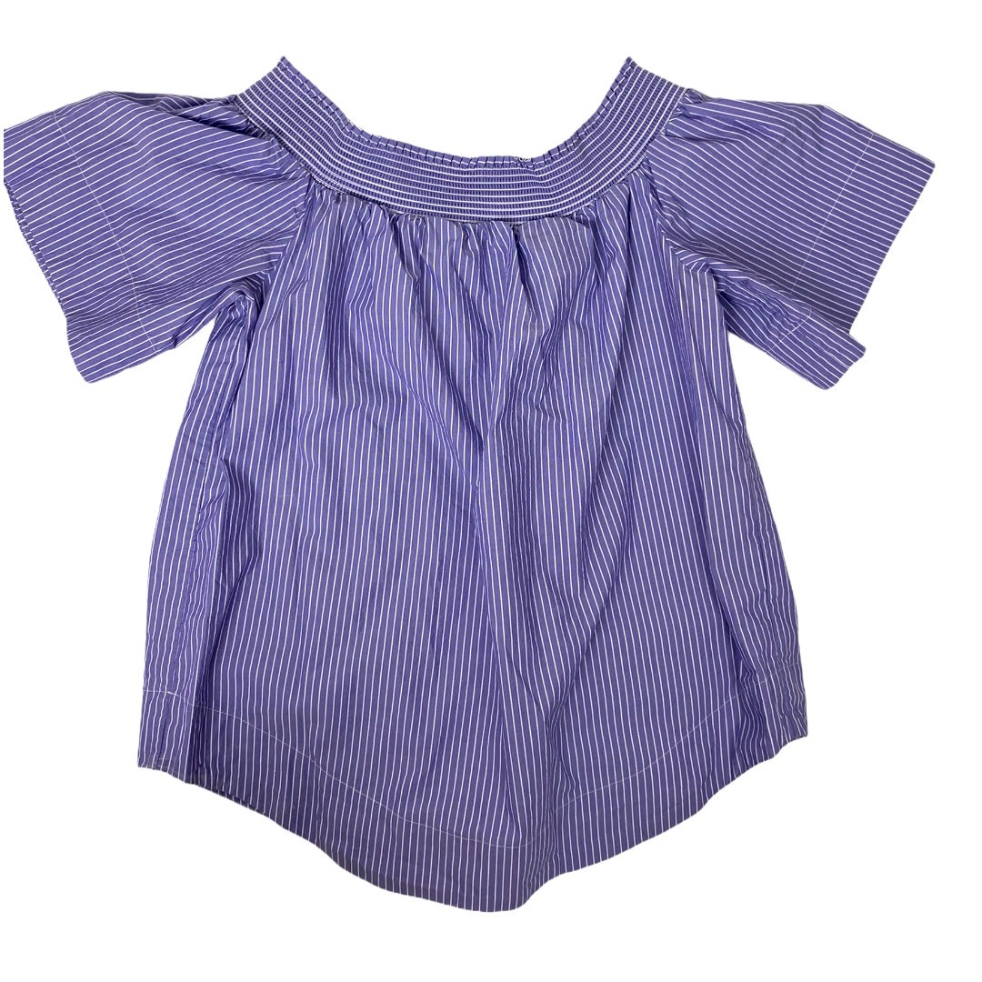 J. Crew Stripe Poplin Smocked Off Shoulder Scoop Hem Top 0 XS Blue Purple White