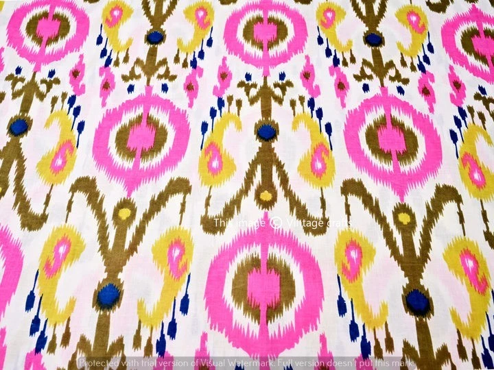 5 Yard Indian Hand Block Ikat Print Pure Cotton Dress Running Fabric Pink White - Image 2 of 4