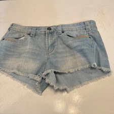 Mudd Denim Shorts Women 11 Light Wash Blue Raw Hem Embroidered Low Rise Cutoff