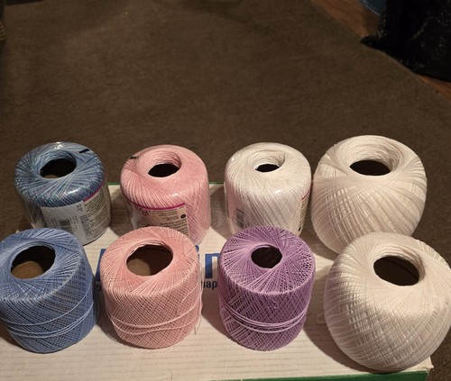 Lot Of 8 Coats & Clark Crochet Thread, White, Pink, Blue, Purple And Varigated.