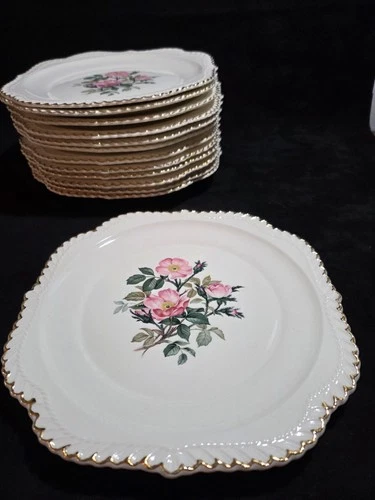 Harker Pottery Co 22KT Gold Rimmed Floral Pink Wild Rose 8" Square Plate.