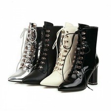 Occident Womens Pointed Toe Lace Up Zip Block Heels Ankle Boots Biker Punk Dress