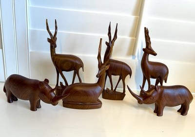 Vintage hand carved antelope gazelle teak wood 1960 Kenyan - 6 figurines