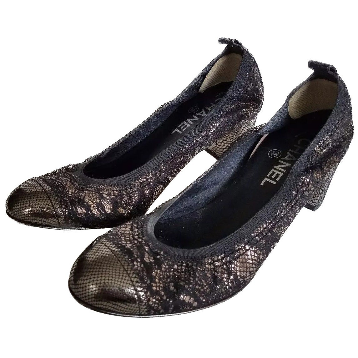 CHANEL Black Gold Metallic Cap Toe Stretchy Block Heel Pumps IT 40 thumbnail 7