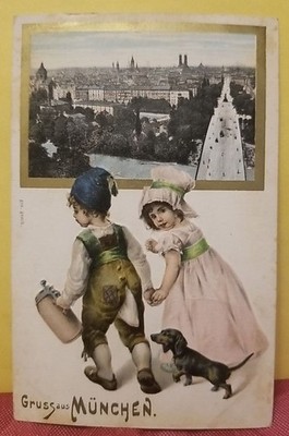 Unused Postcard Dachshund Dog & Children With Beer Stein Gruss Aus MUNCHEN