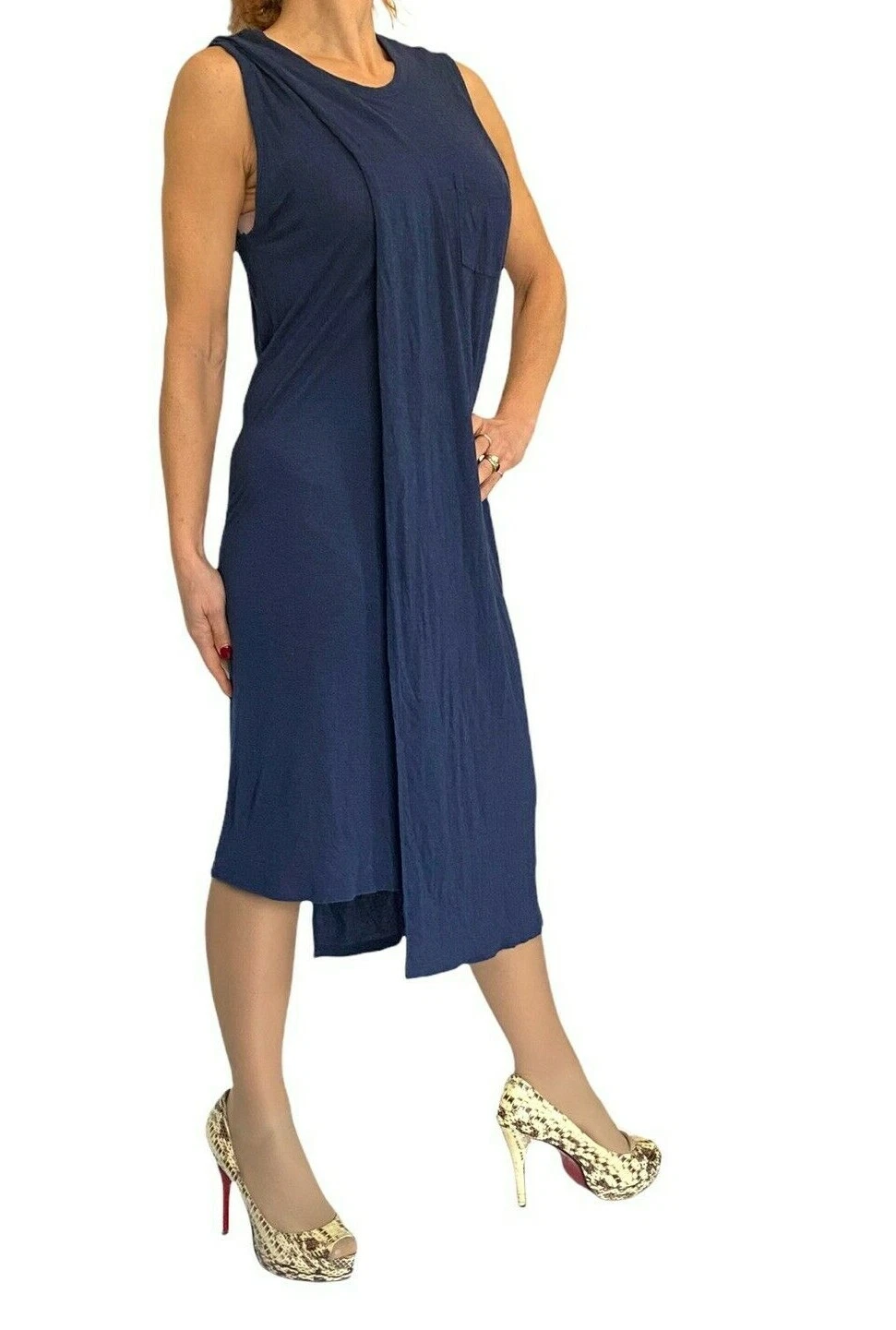 Abito tubino ALEXANDER WANG classico T drappeggiato sovrapposizione senza maniche blu navy con tasca M