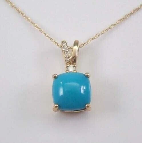 14k Yellow Gold Plated 3 Ct Cushion Cut Simulated Turquoise Pendant With Chain - Image 2 of 4