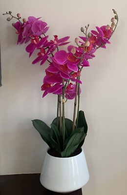 CG Hunter natural-look faux pink flowers orchid, bamboo-like post terracotta pot