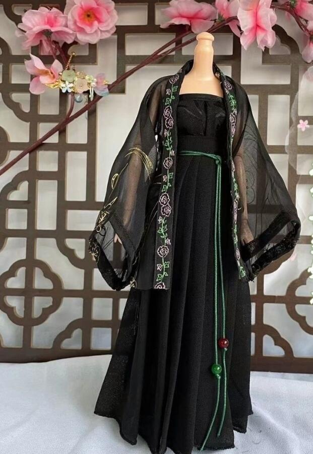 1/6 Female Action Figures Black Hanfu Dress Retro Mesh Dress Costumes