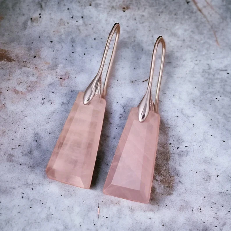 Rose Quartz Trapezoid Earrings, Pink Bohemian Earrings, Geometric Boho Jewel - Image 2 of 2
