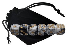 Set of 6 16mm Pearlized Dual Color White Black Dice Gold Pips  Storage Pouch