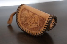 Vintage 4" x 2.25" Tooled Leather Coin Purse - Metal Zipper - Loop Handle