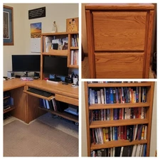 Solid Oak Office Furniture Set: L-Shaped Desk/Credienza, File Cabinet, Bookcase