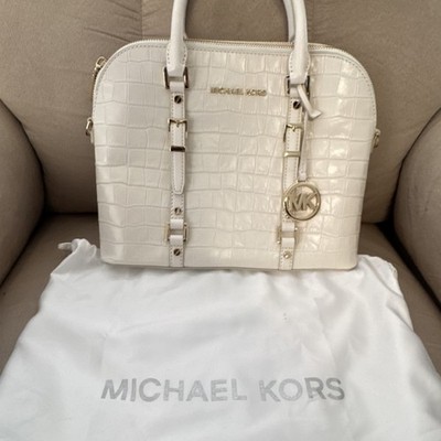 Michael Kors White Croc Embossed Satchel MK Charm Gold Hardware Dust Bag