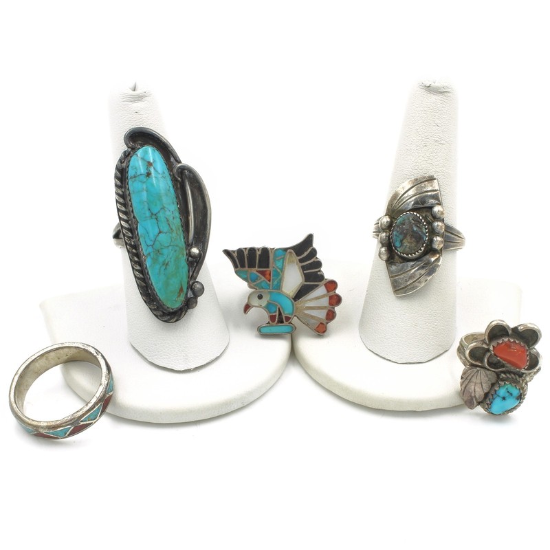 Southwest Sterling Turquoise Red Coral Black Onyx 4.5-9.25 Ring Lot of 5#S5635-4