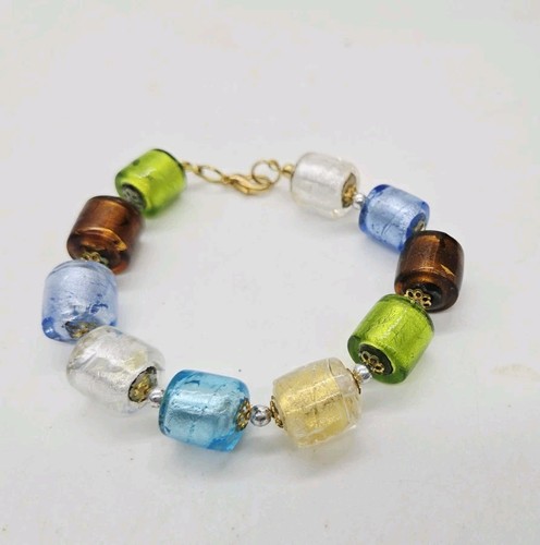 Glass Bead Cube Bracelet Colorful Murano Fused Foil Gold Tone Multicolored 9 in