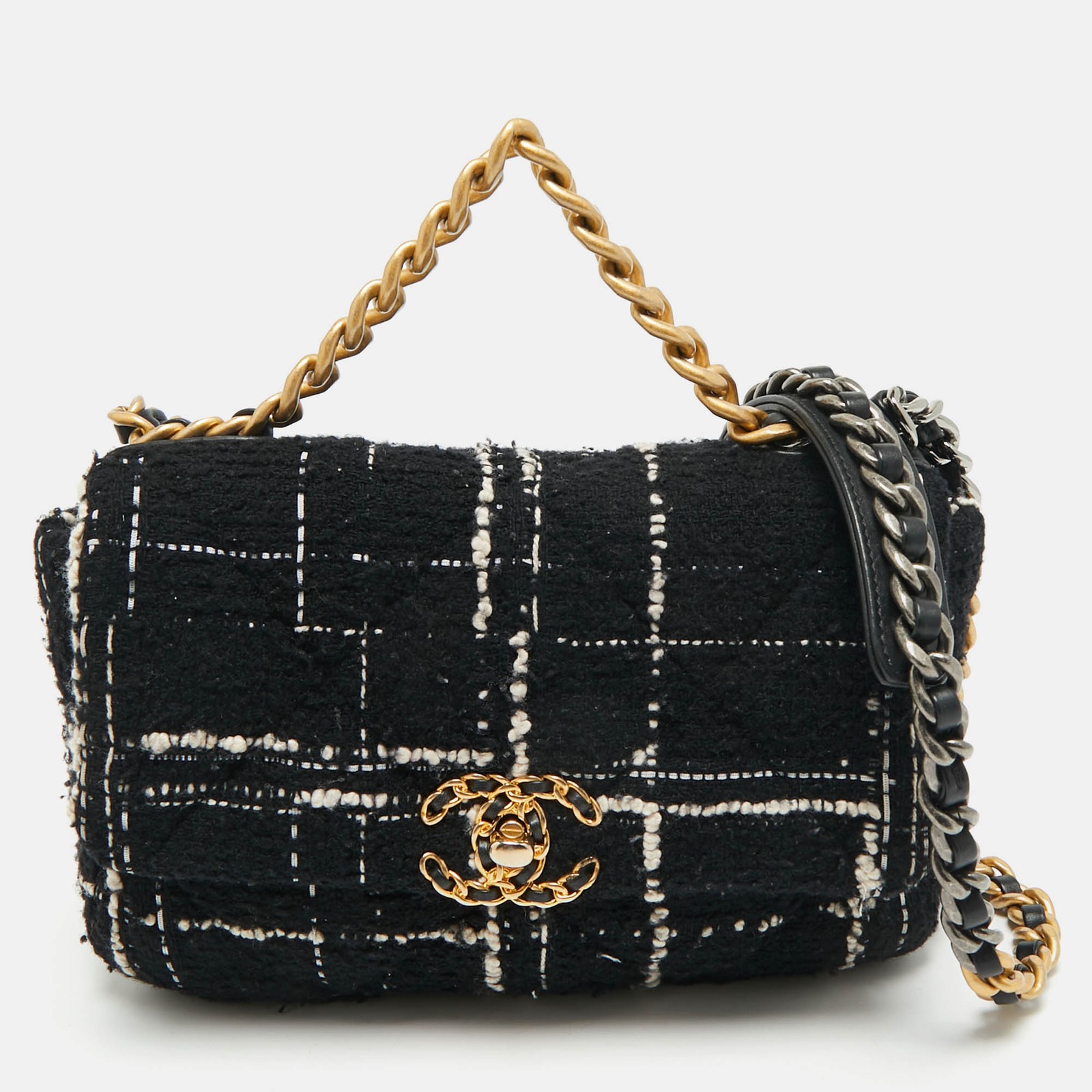 Chanel Medium 19 Flap Bag in Black White Quilted Tweed