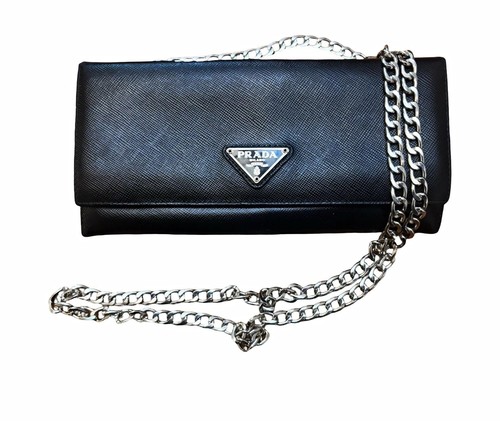 Authentic PRADA Black Saffiano Leather Wallet with Aftermarket Chain